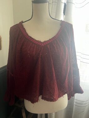 Free People Burgundy Eyelet Peasant Top